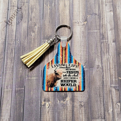 Living Life Between Aluminum Cow Ear Tag Keychain