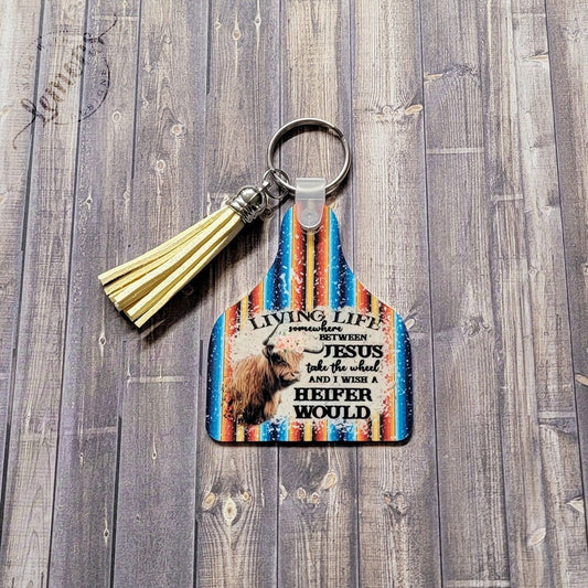 Living Life Between Aluminum Cow Ear Tag Keychain