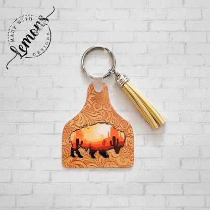 Sunset Bison Tooled Leather Aluminum Cow Ear Tag Keychain