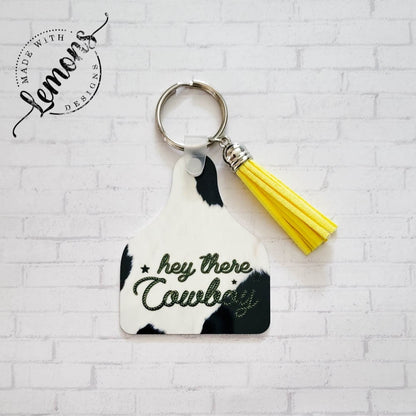 Hey There Cowboy Lasso Aluminum Cow Ear Tag Keychain
