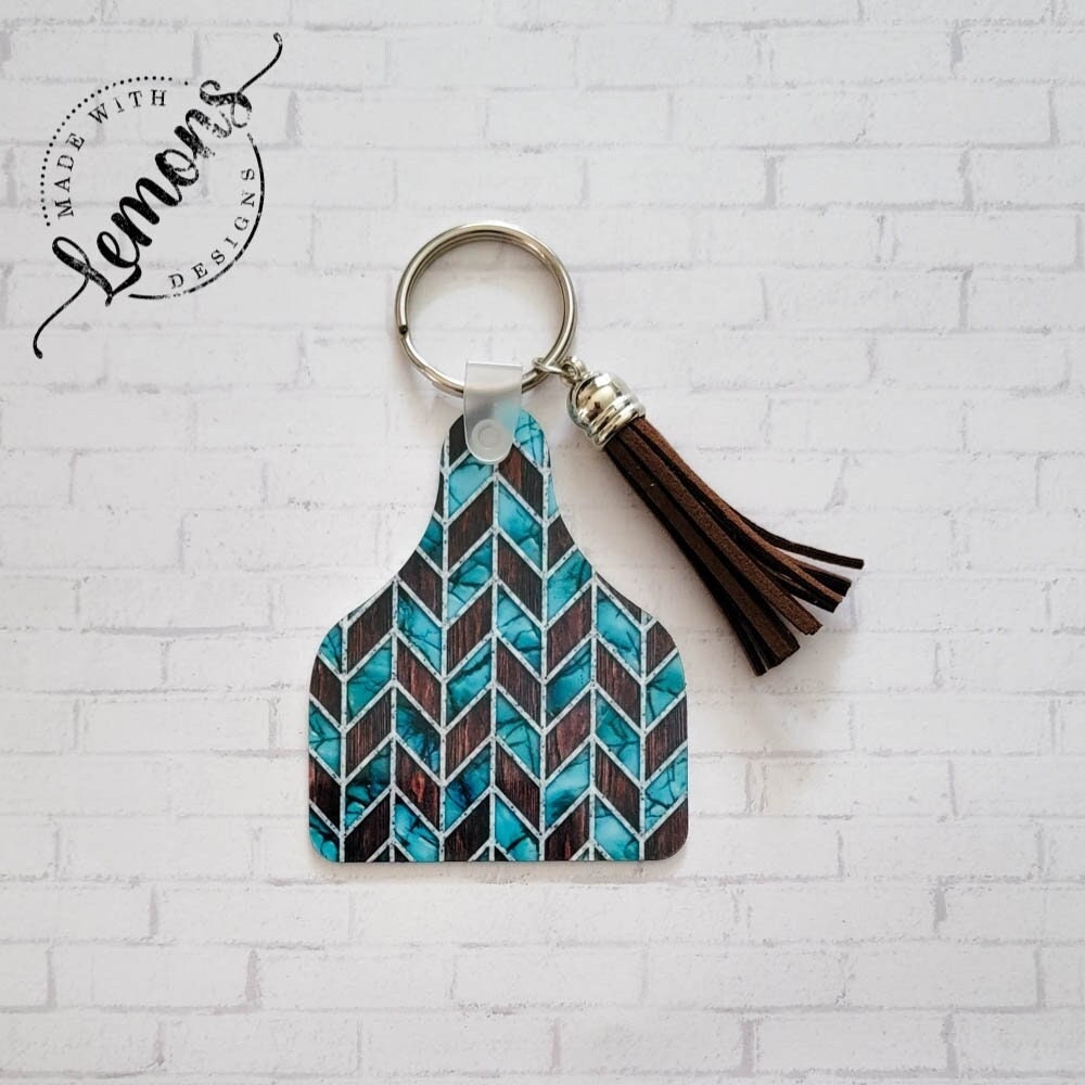Turquoise and Dark Brown Chevron Aluminum Cow Ear Tag Keychain