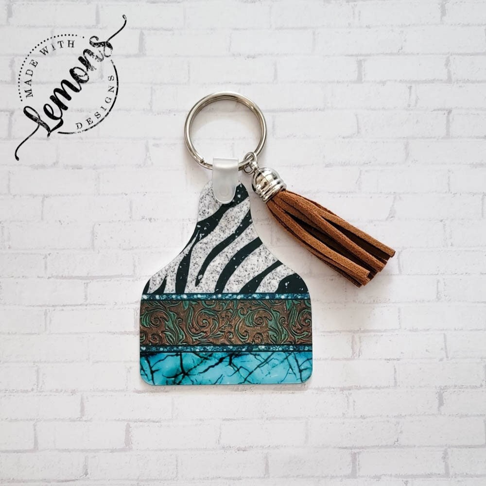 Zebra, Turquoise, and Tooled Leather Aluminum Cow Ear Tag Keychain